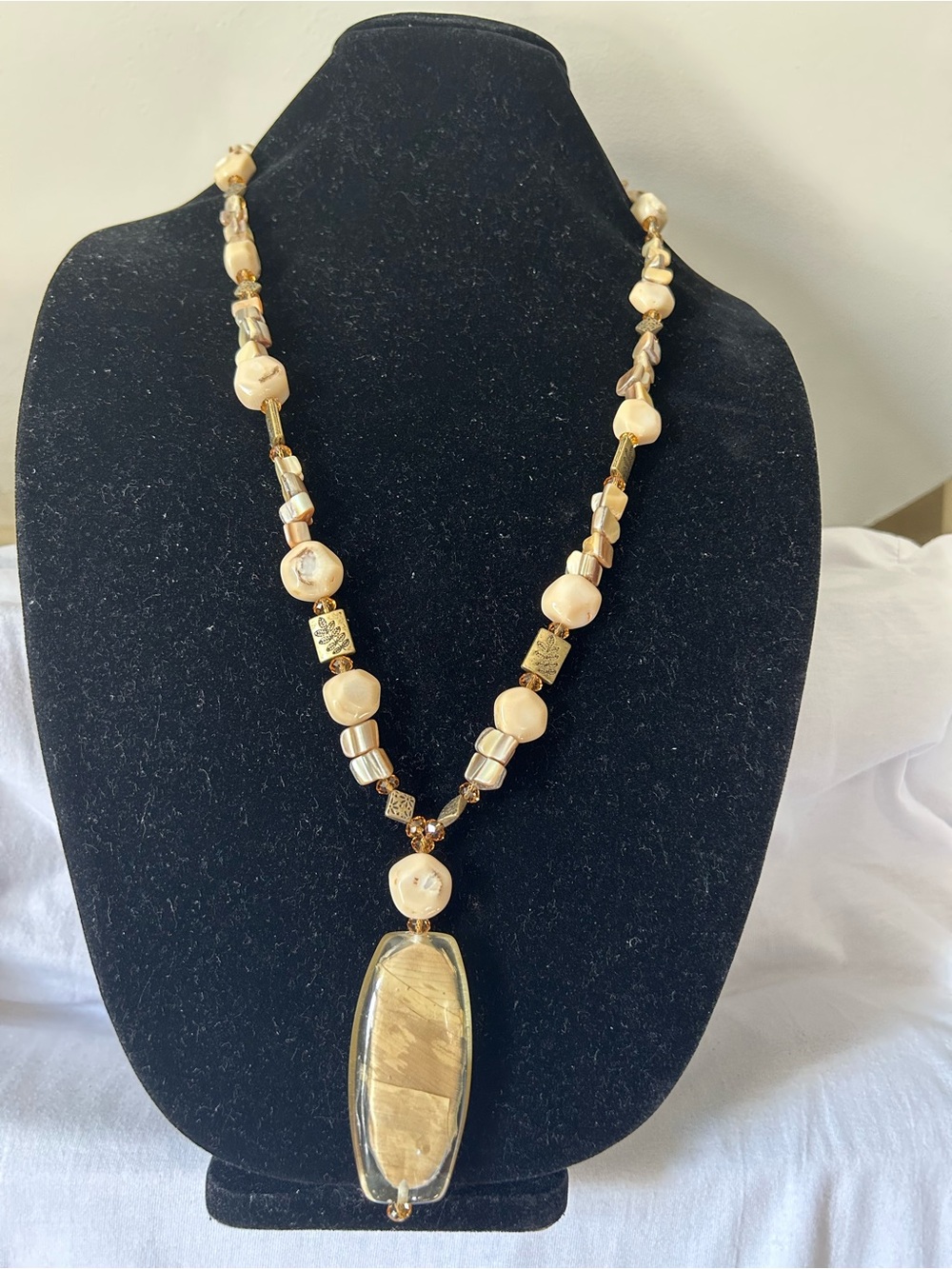 Gold-Tone Beaded Pendant Necklace - Cream Beads